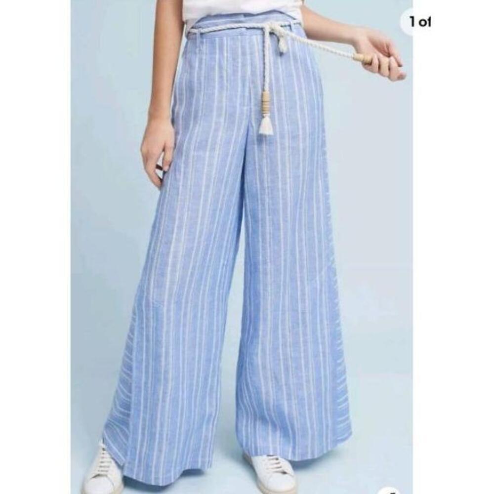 Anthropologie Pants Womens US 10 Light Blue Striped Wide Leg Tassel Belt Linen - Picture 2 of 10